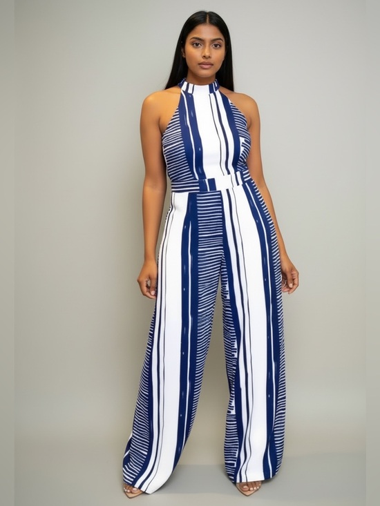 J.our Pants - High-Neck Striped Wide-Leg Jumpsuit - Navy & White